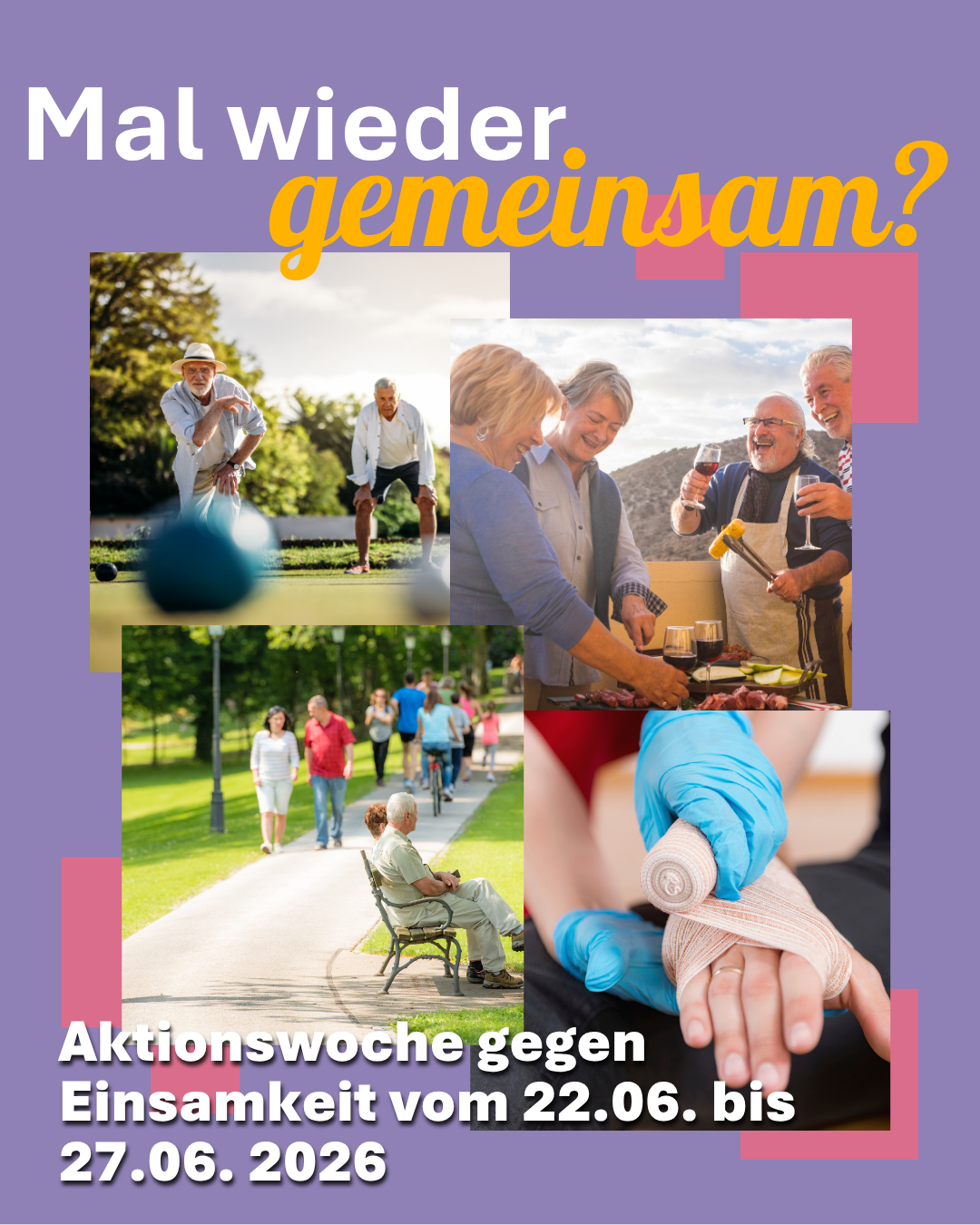 Grafik mit Collage zu "Mal wieder gemeinsam", der Hintergrund ist lila mit quadratischen, pinken Elementen, in der Mitte ist eine Collage mit Bildern von verschiedenen Aktivitäten, darüber steht der Schriftzug "Mal wieder gemeinsam?"